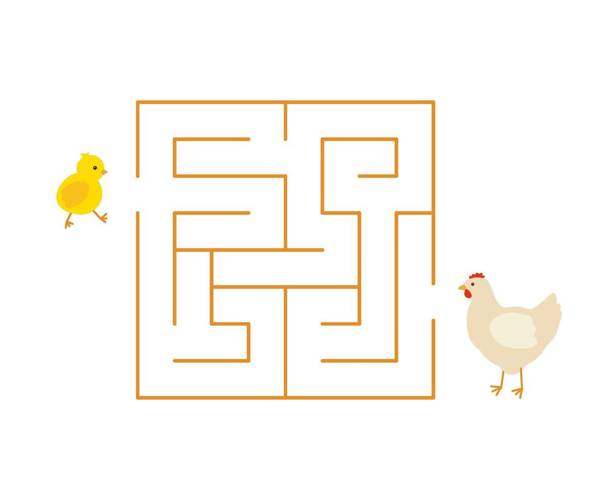 Labyrinth children game, logic challenge to navigate for chick its twisting paths to hen. Kids maze, strategy, problem-solving. illustration vector