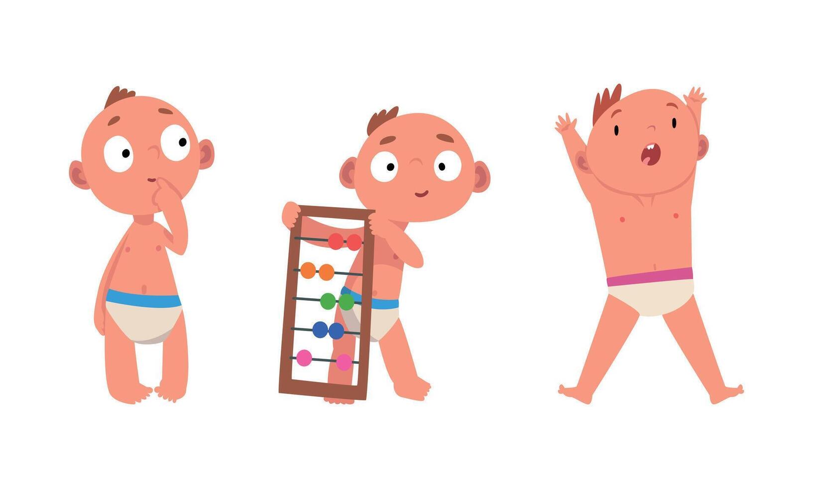 Funny Baby in Diaper Standing with Counting Frame and Shouting Set vector