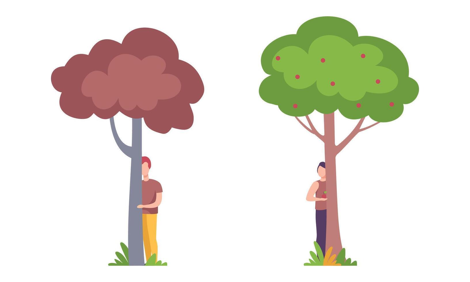 Man Character Standing Behind Tree Trunk Peeking and Looking Set vector