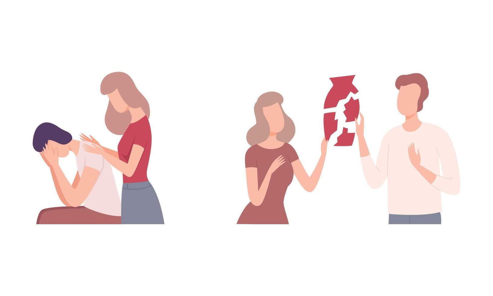 Couple Trying to Save Love and Feelings Putting Together Part of Broken Vase Set vector