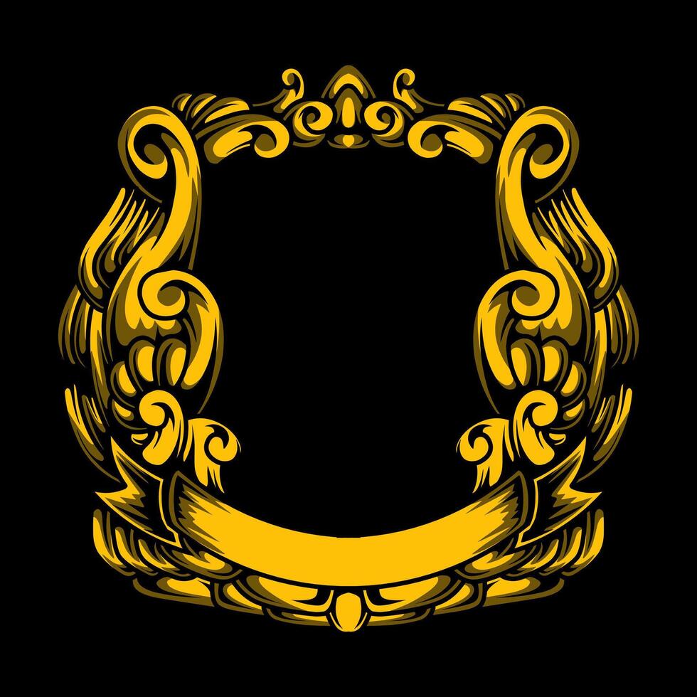 Golden frame with scroll border on black background vector