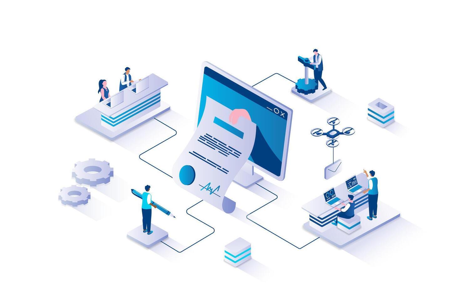 people working with technology and documents vector