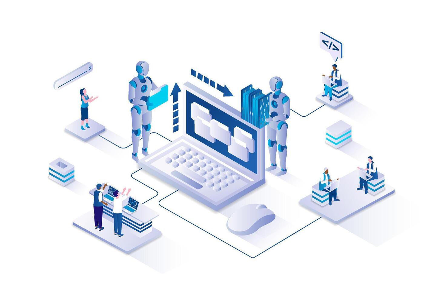 Robots assisting humans in technology tasks vector