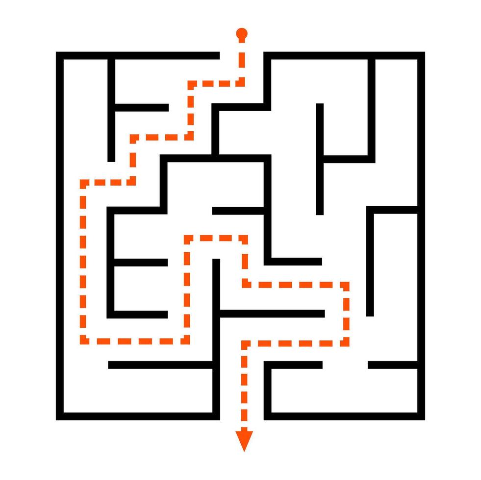 Simple maze design with solution path highlighted in orange vector