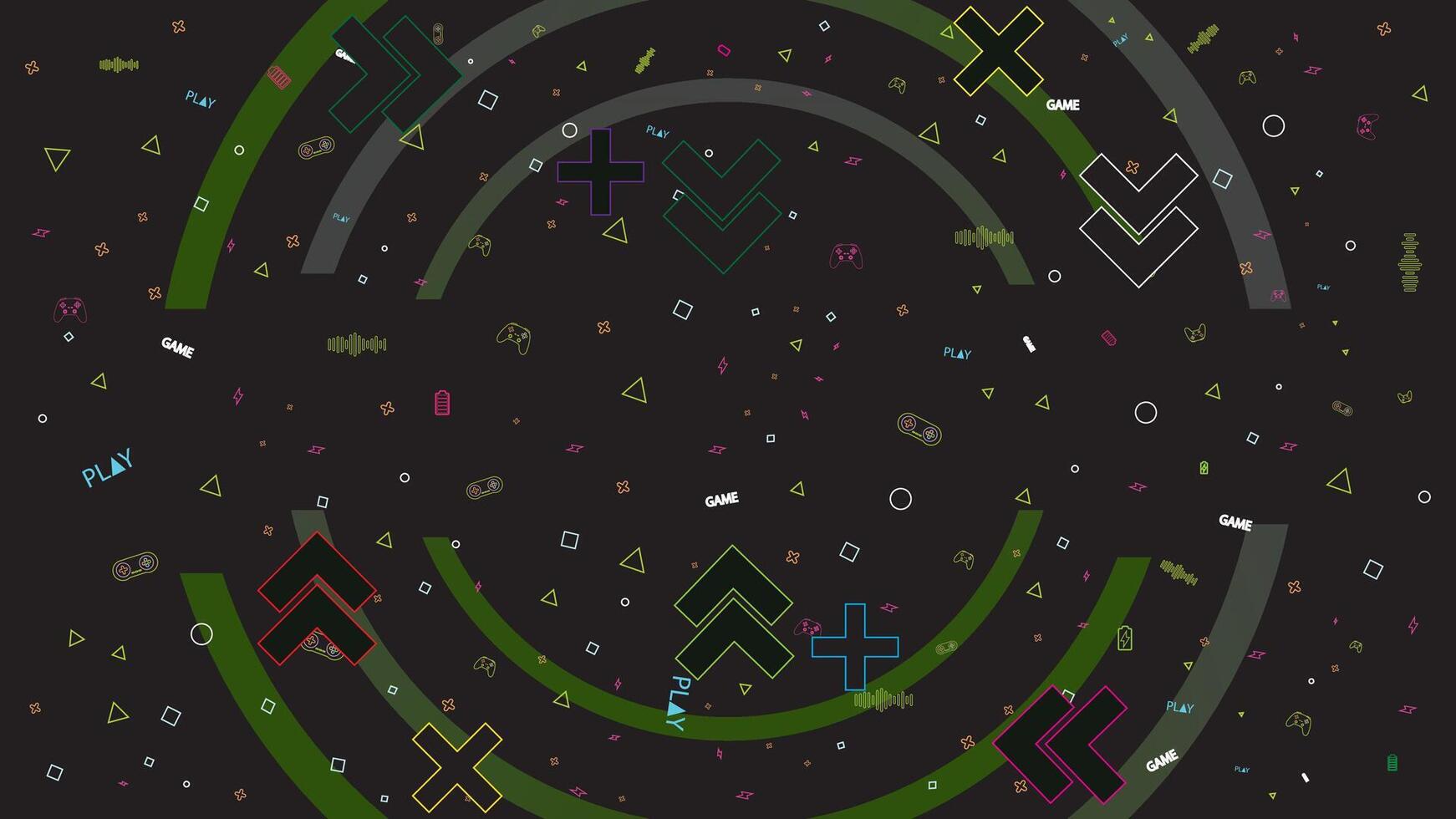 Neon Abstract Geometric Pattern Design for Digital Game Tournament Background. Dark E-Sport Wallpaper with Bright Shapes, Arrows, and Controller Outlines vector