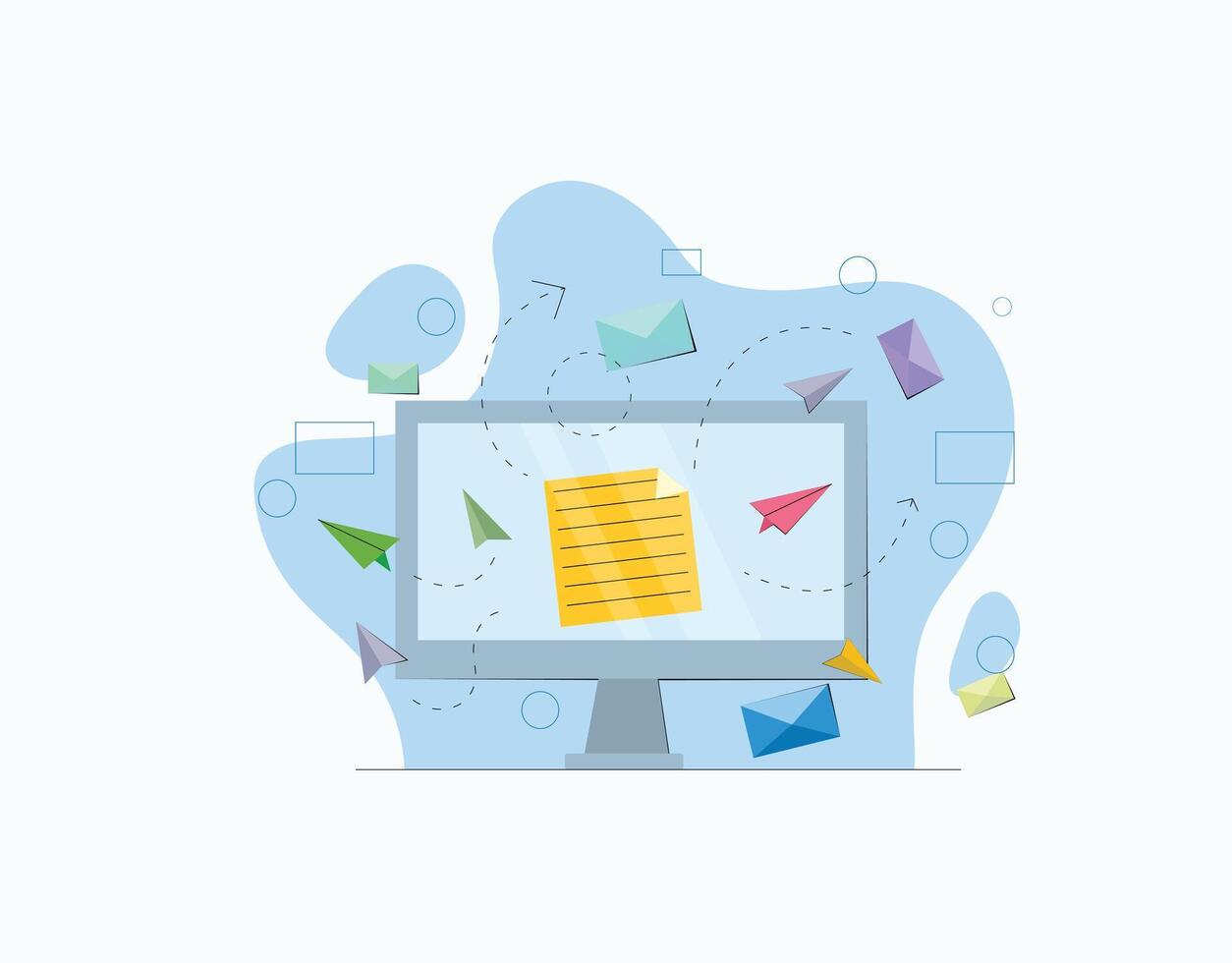 enviando correo electrónico y notas con computadora para trabajar. correo electrónico concepto vector