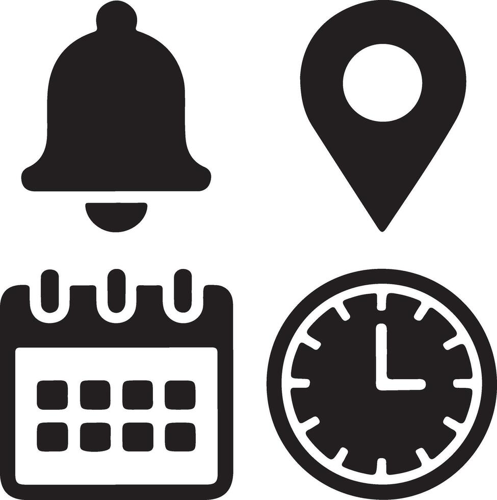 Set of four distinct black icons representing calendar clock bell and location services for digital interfaces vector