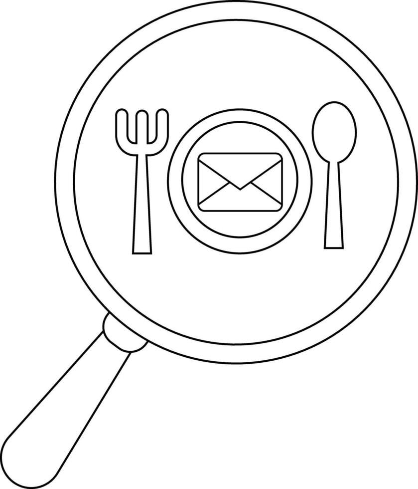 Outline of a magnifying glass focusing on a plate with a fork spoon envelope symbol vector