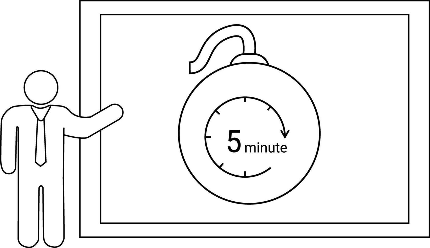 Stick figure pointing to whiteboard drawing of cartoon bomb with countdown timer vector