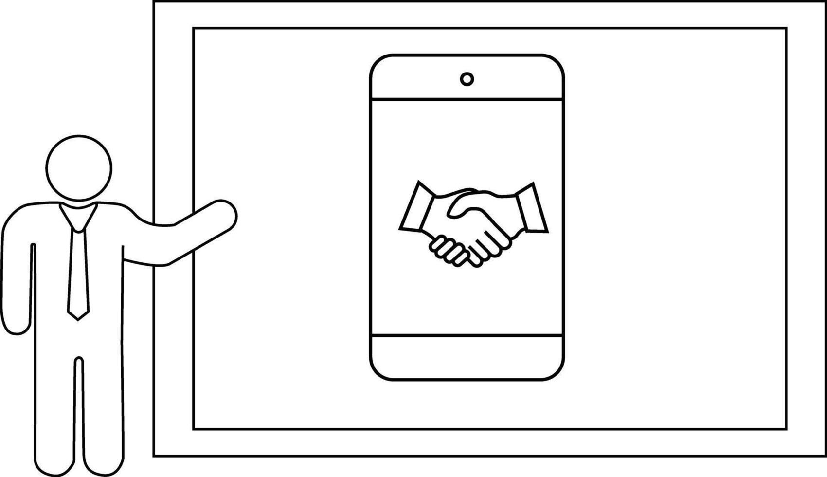 Line art shows a person pointing to a phone with a handshake icon inside a frame vector