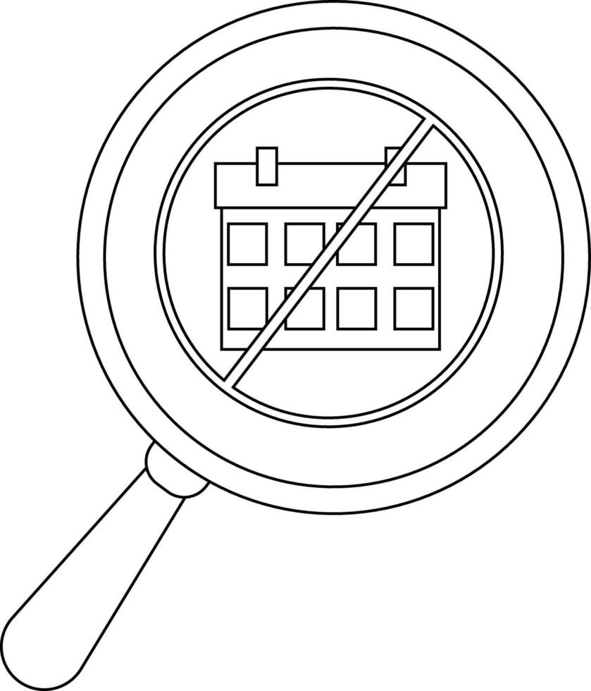 Magnifying glass focuses on a calendar icon crossed out with a line vector