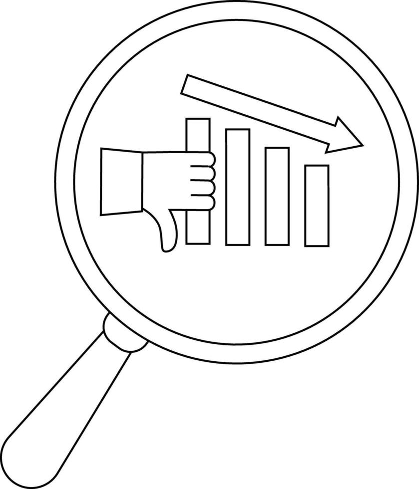 A magnifying glass focuses on a declining bar graph and a thumbs down gesture vector