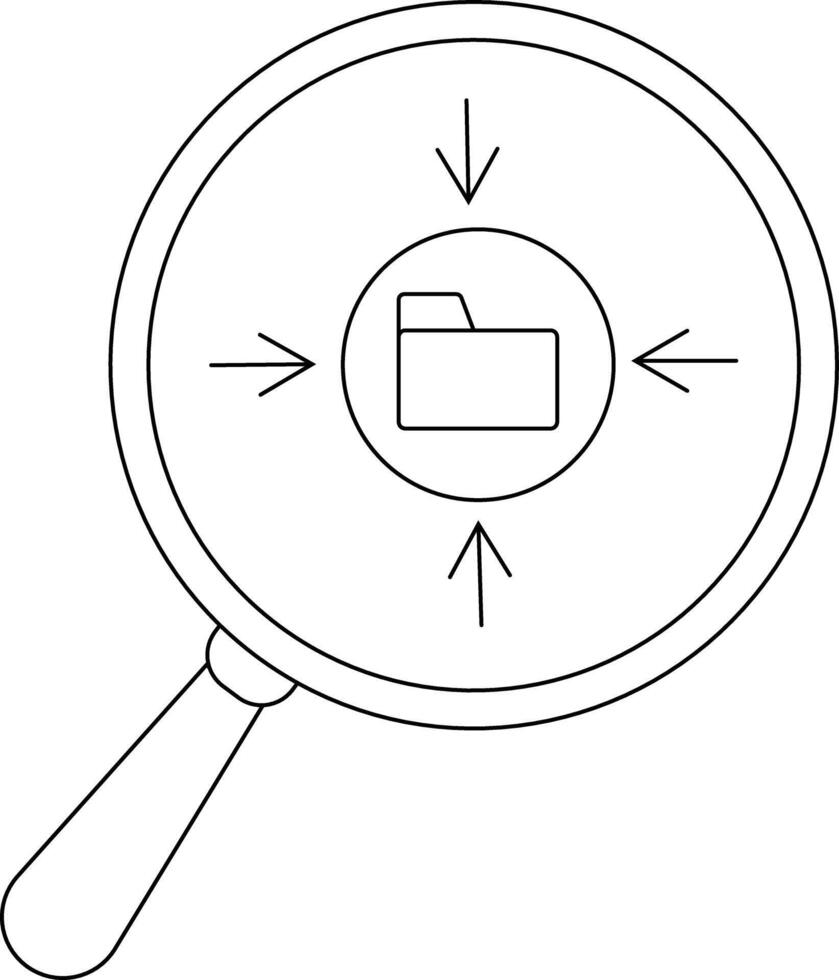 A magnifying glass focuses on a folder icon with converging arrows inside vector