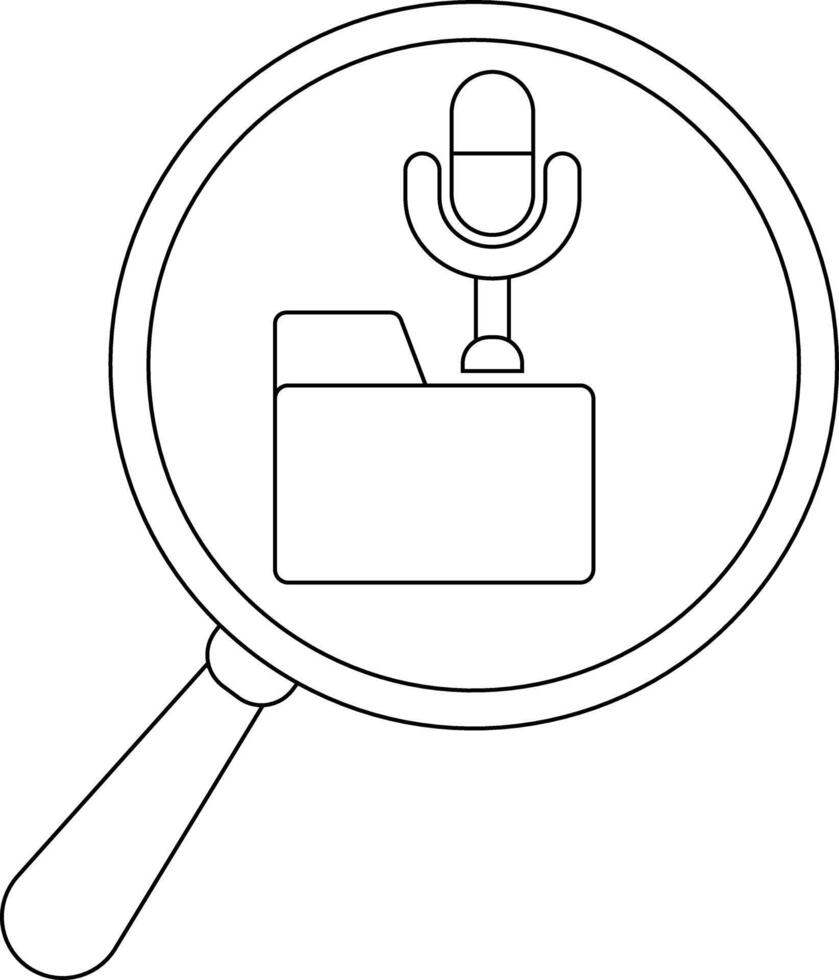 Magnifying glass focusing on a folder with a microphone above it all in a clear outline style vector