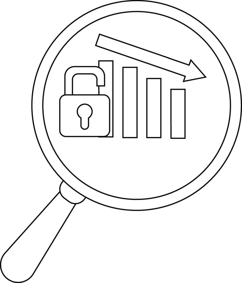 Magnifying glass focusing on a chart with a falling arrow and an open padlock vector
