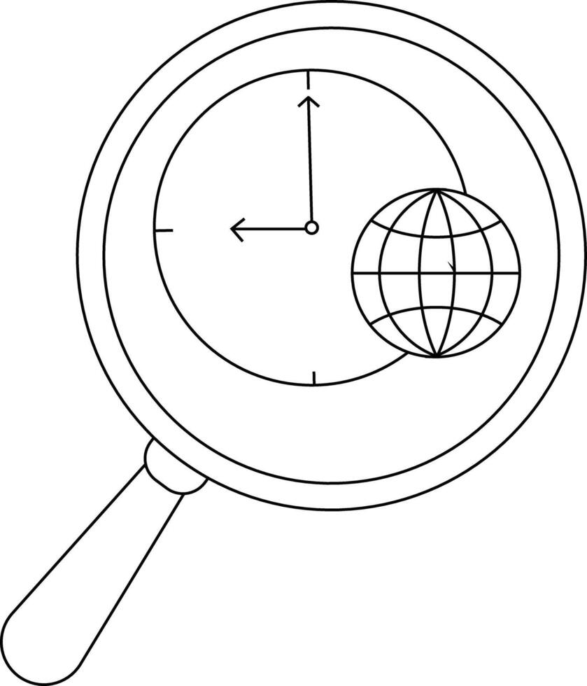 A line drawing showing a magnifying glass clock and globe icon vector