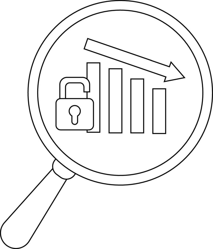 A magnifying glass focuses on a graph declining near a padlock vector