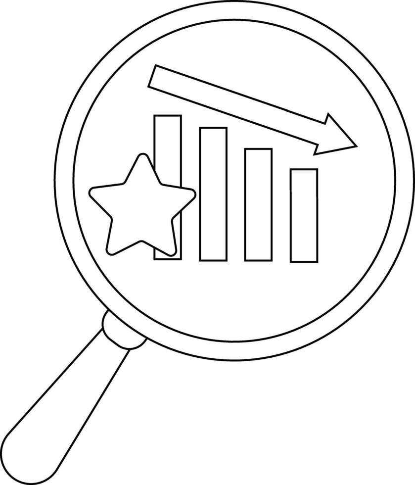 A magnifying glass reveals a declining graph with a star focusing attention on negative trends vector
