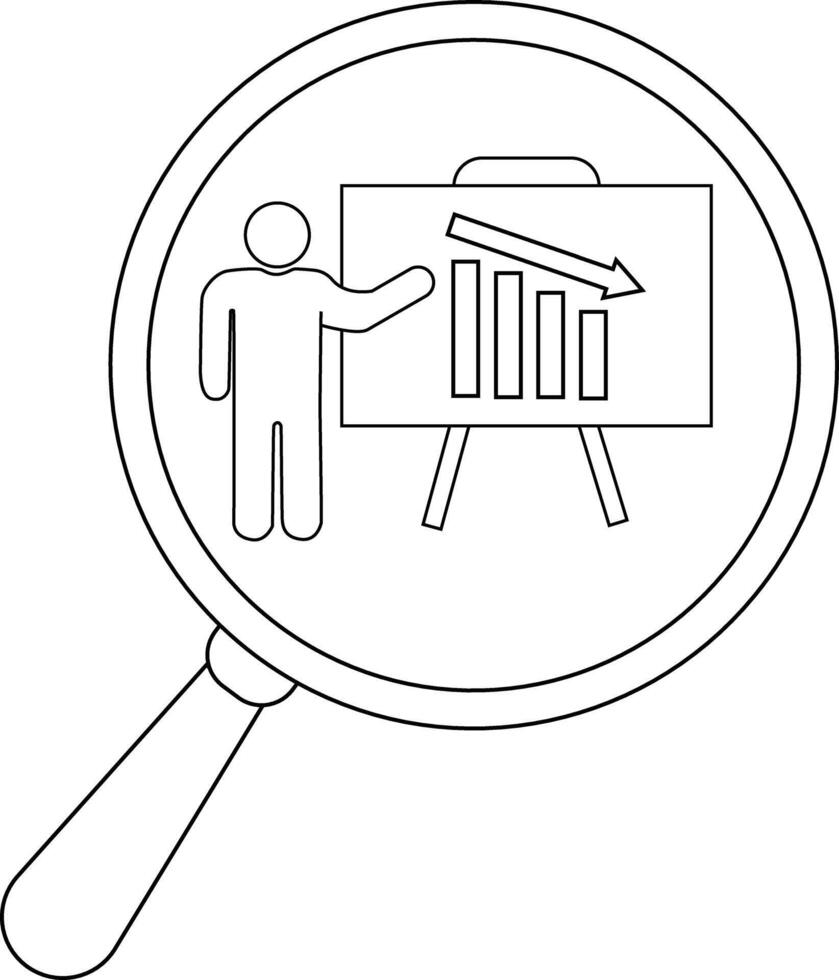 A magnifying glass reveals a person presenting a declining bar graph on a stand vector