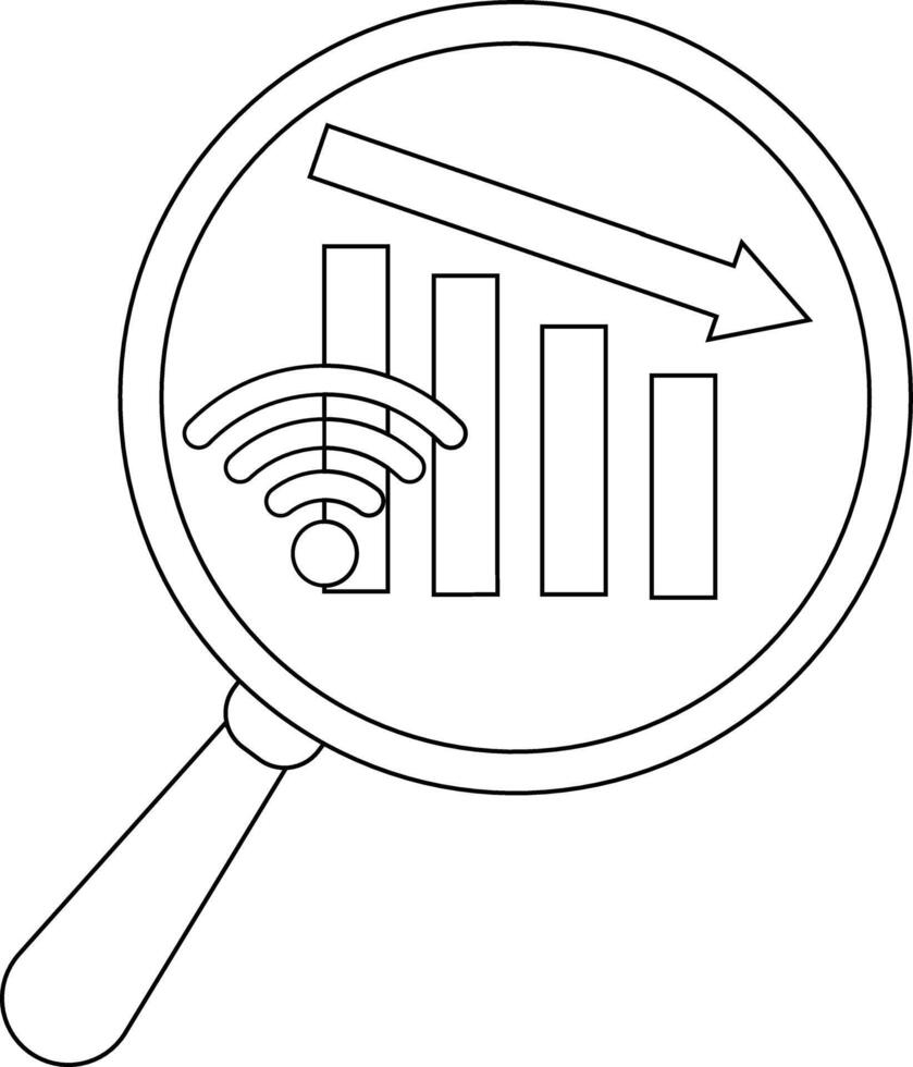A magnifying glass showcases a declining bar graph arrow WiFi symbol indicating signal analysis or a downward trend vector