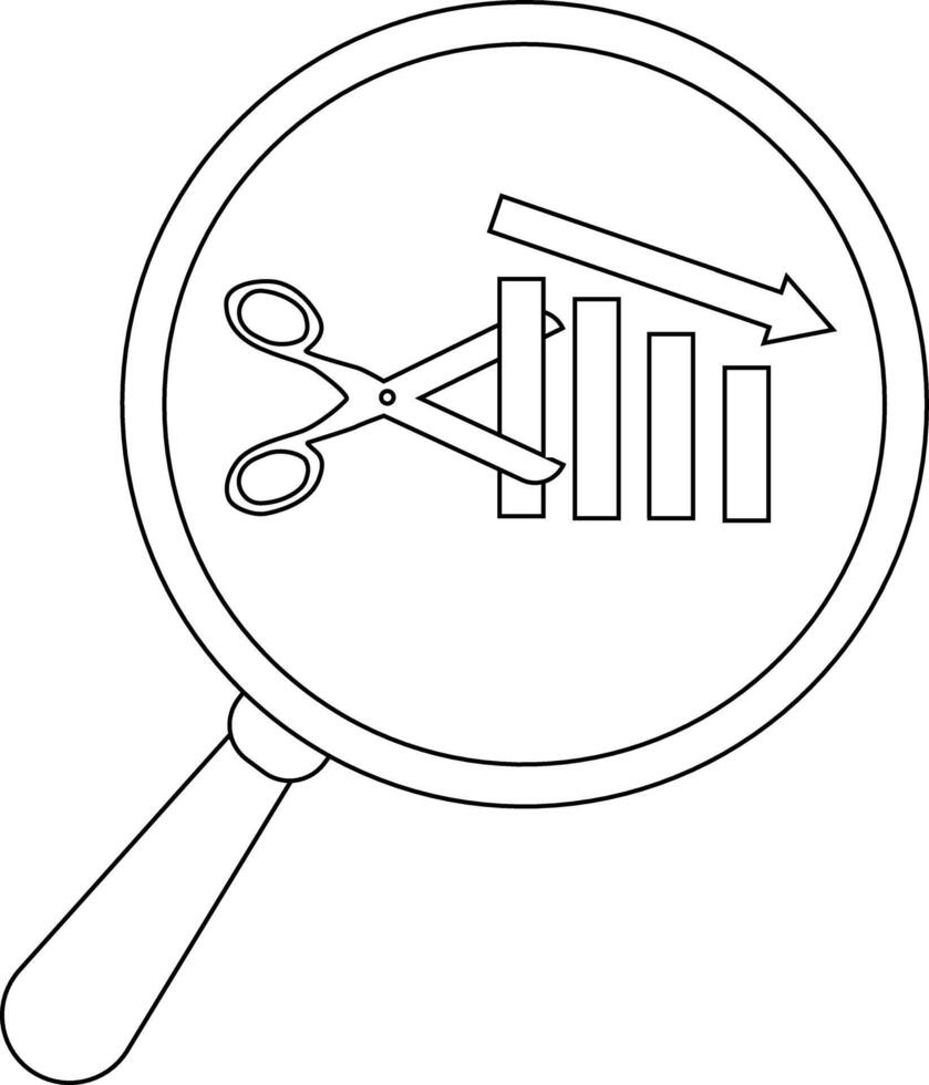 A magnifying glass shows scissors cutting into a decreasing bar graph with a downward arrow suggesting decline vector