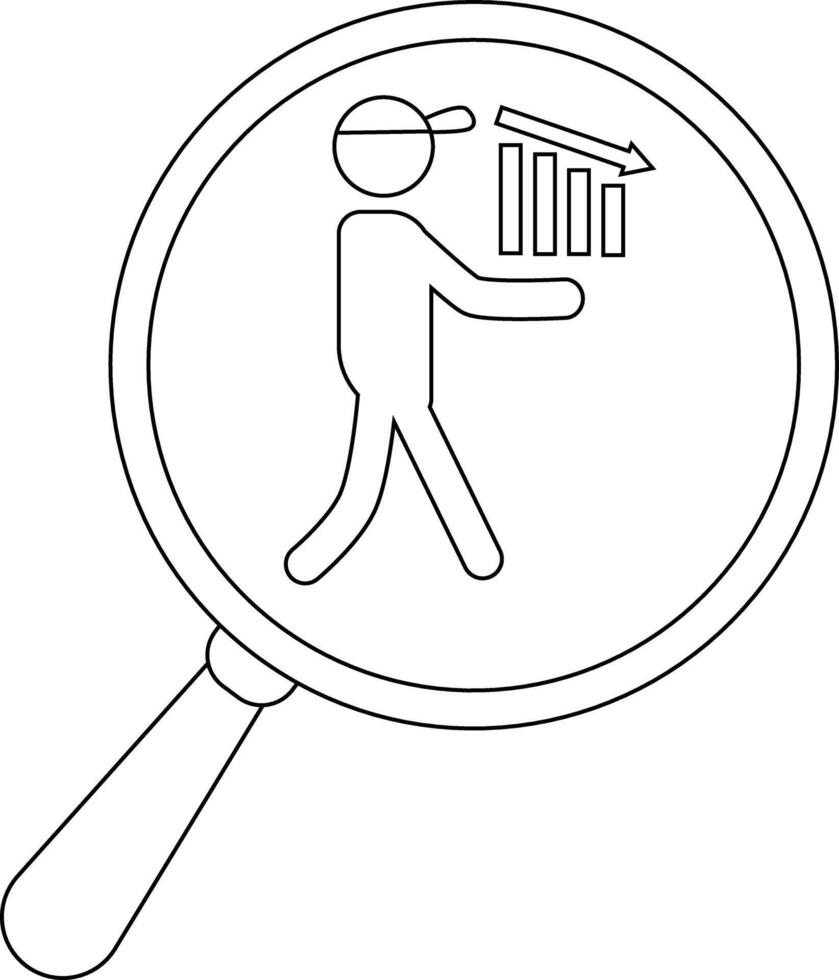 A person with a cap carrying a declining bar graph seen through a magnifying glass vector