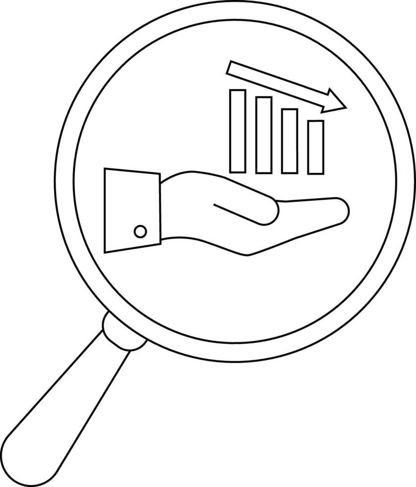 Magnifying glass focuses on a hand displaying a declining bar graph with an arrow vector