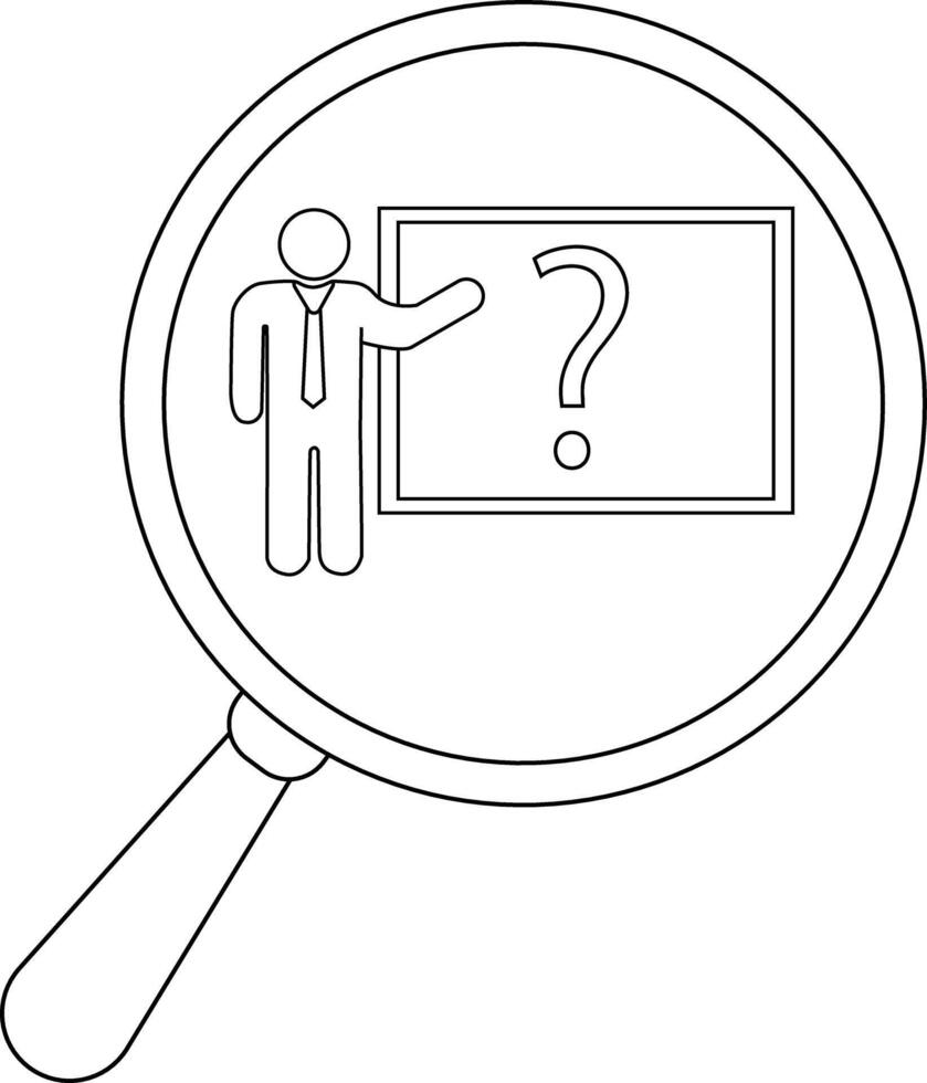 Magnifying glass focusing on a presenter pointing to a question mark on a board vector