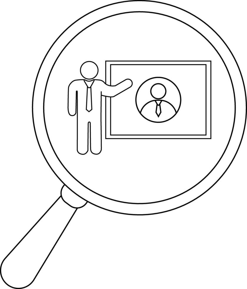 Magnifying glass highlights a presentation with a person pointing to a profile vector