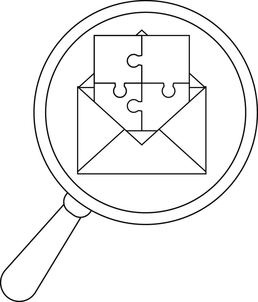 A magnifying glass focuses on an envelope with puzzle pieces vector