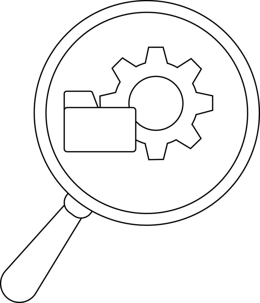 A magnifying glass focuses on a gear and folder icon suggesting system analysis or software maintenance vector