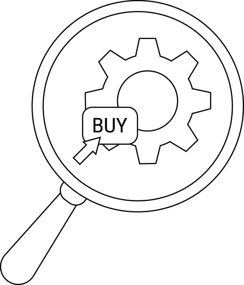 A magnifying glass zooms in on a gear icon with a BUY button and cursor vector
