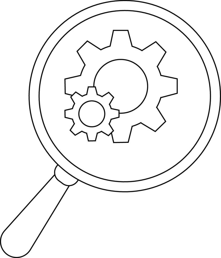 Magnifying glass viewing two gears of different sizes all depicted in a line art style vector