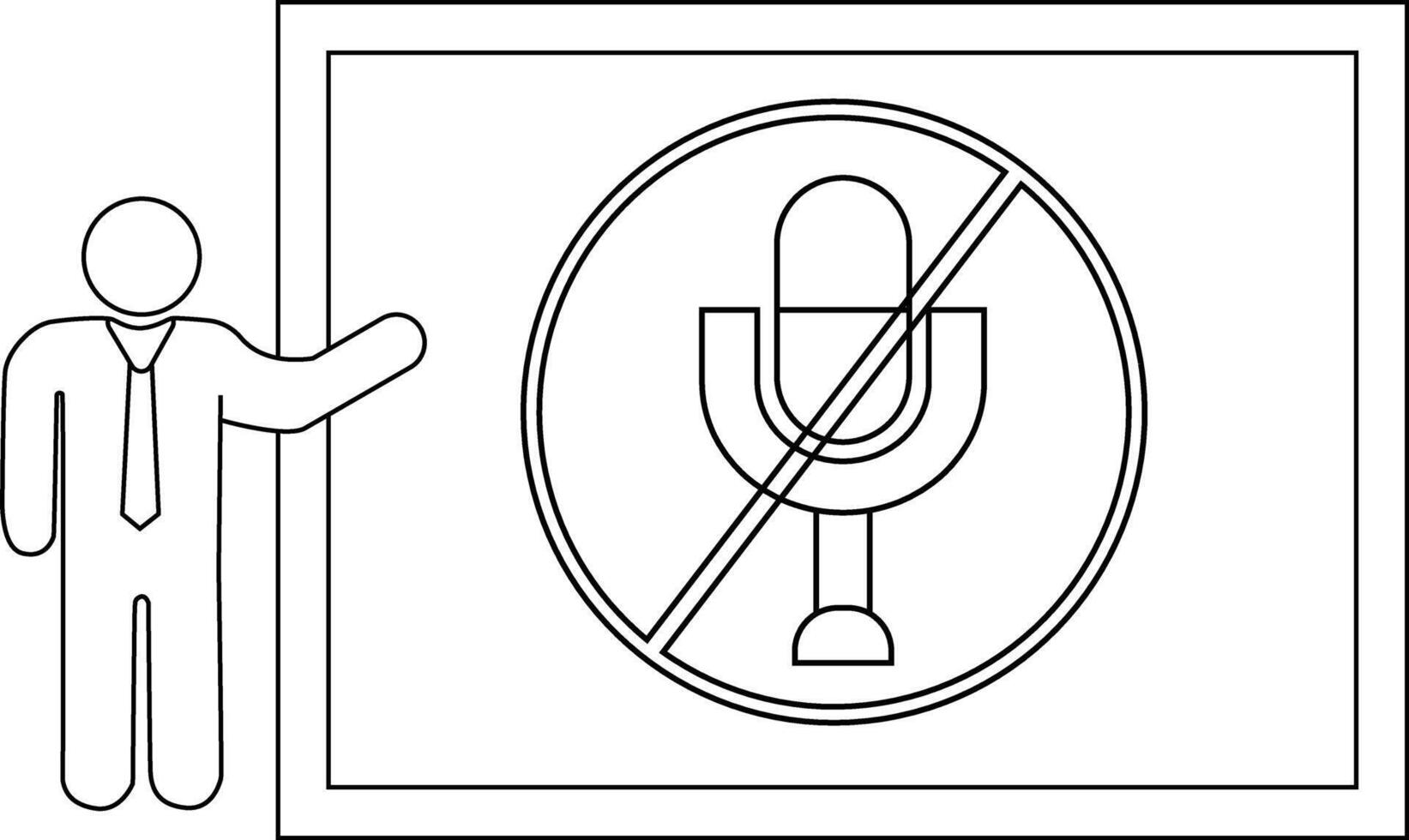 A stick figure gestures to a sign depicting a microphone crossed out inside a double circle placed in a rectangular frame vector