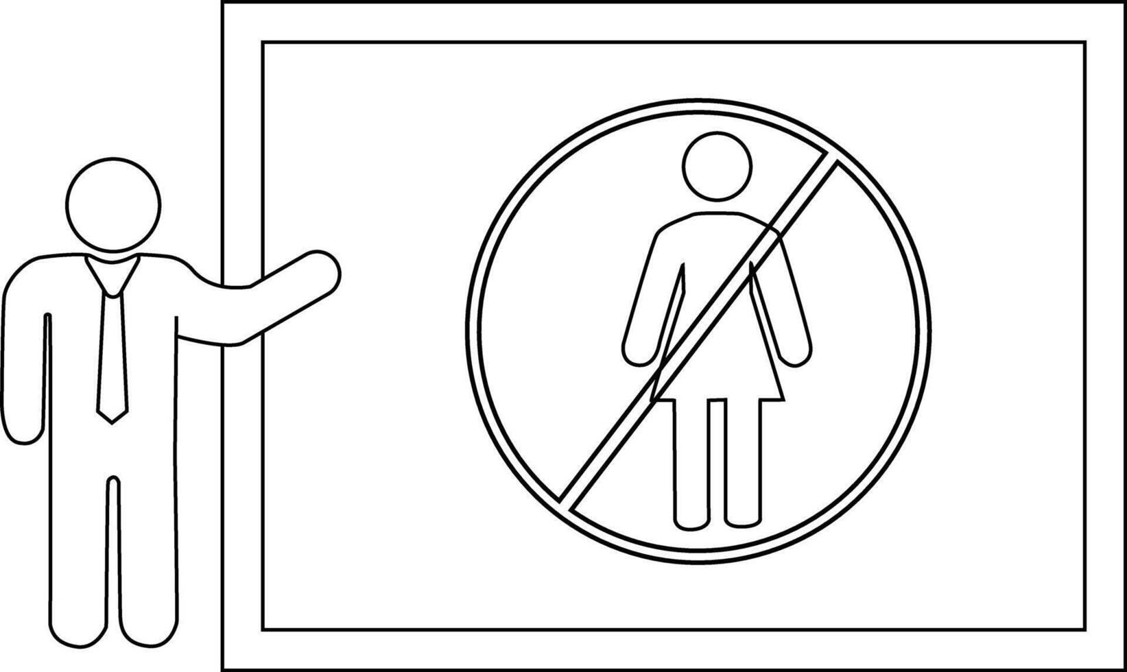 A stick figure presents a sign with a female figure crossed out inside a circle placed within a rectangular frame vector