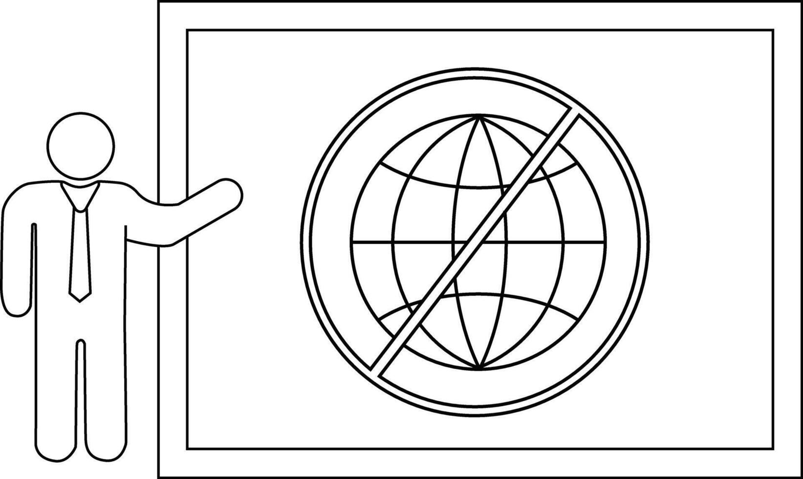 Line drawing of a person gesturing towards a restricted globe symbol on a board vector