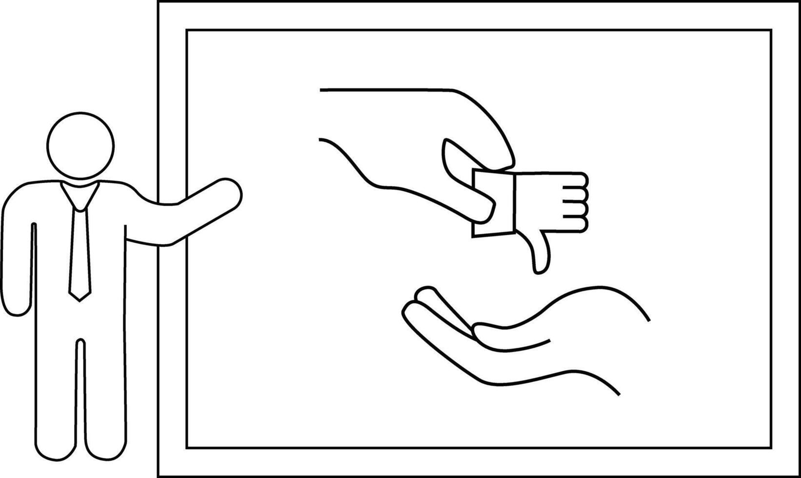 Presenter gesturing towards a framed graphic of a thumbsdown hand being dropped into an open hand vector