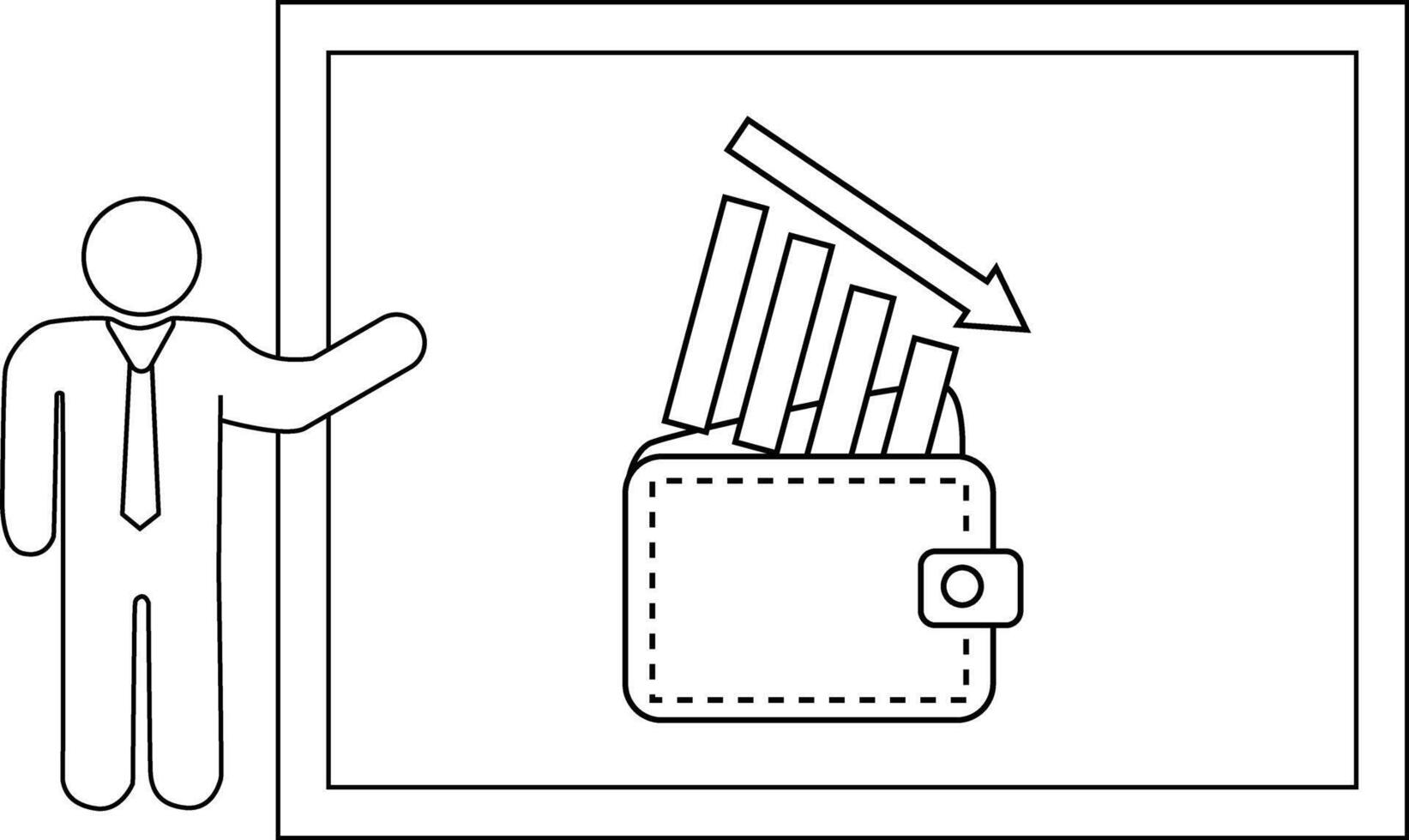 Presenter points to chart showing falling bars into wallet vector