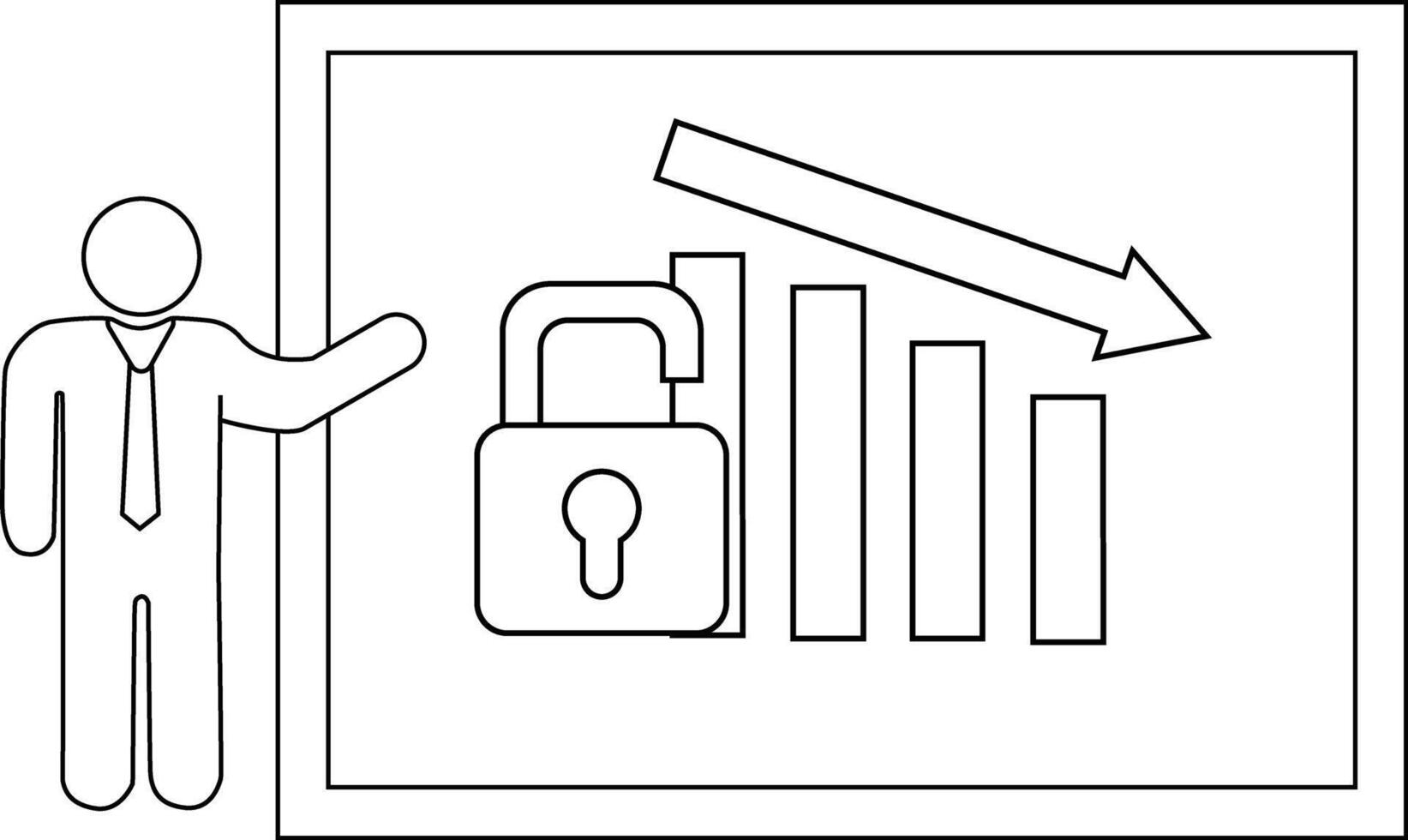 Stick figure presents chart of falling bars open padlock arrow pointing down inside border vector