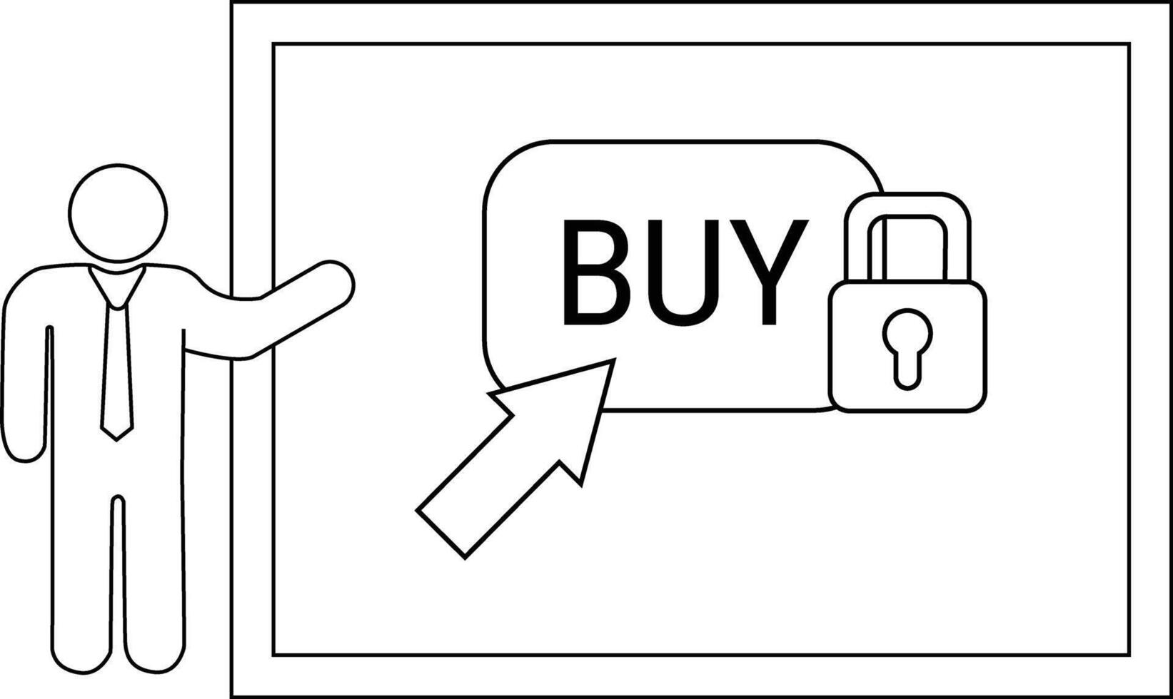 A stick figure presents a framed screen showing an arrow pointing to a BUY button next to a padlock vector