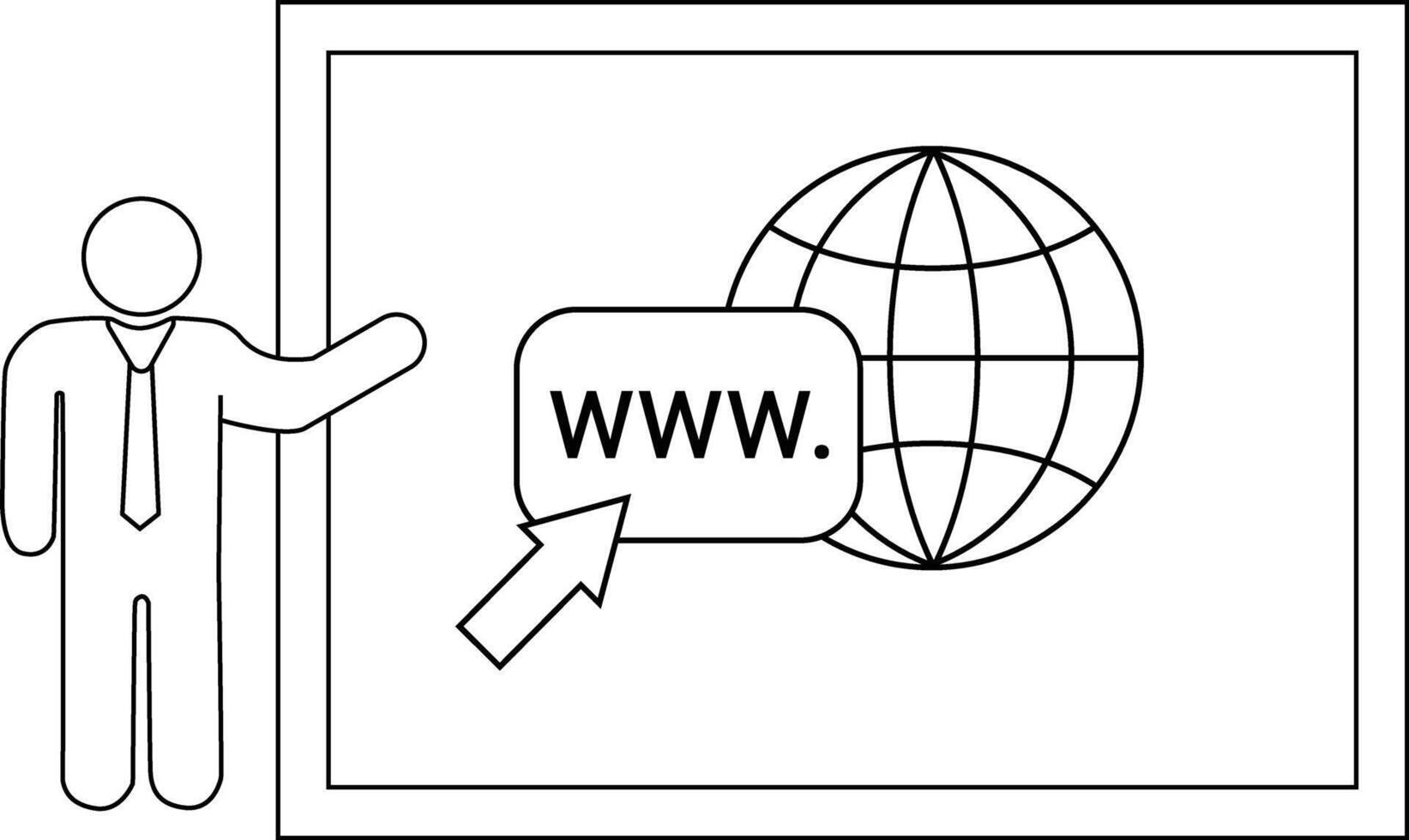 A stick figure presents a screen showing a globe with www pointed by an arrow vector