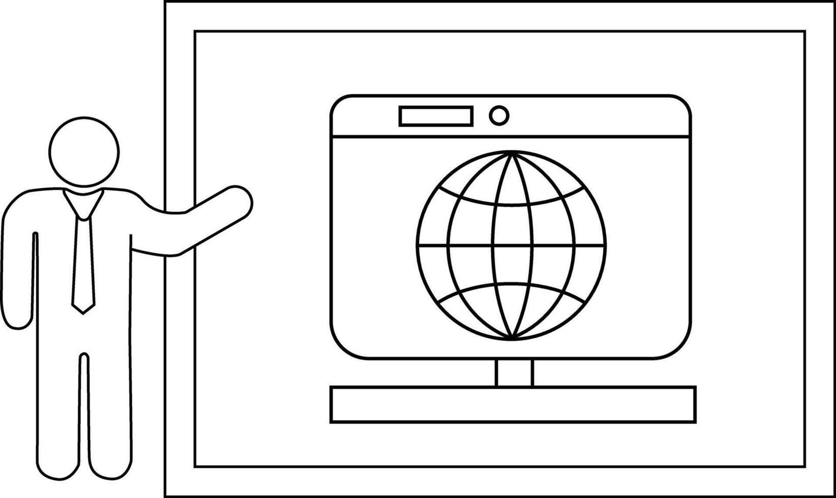 A stick figure stands beside a screen displaying a globe within a framed setting vector