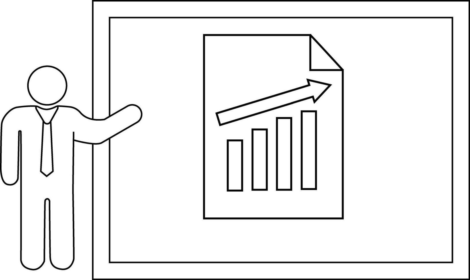 Presenter gesturing to bar chart paper w bent corner on whiteboard stick figure man tie vector