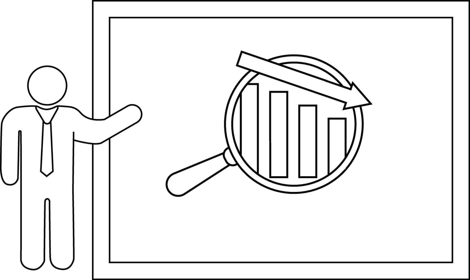 A figure gestures toward a declining bar graph seen through a magnifying glass on a screen vector