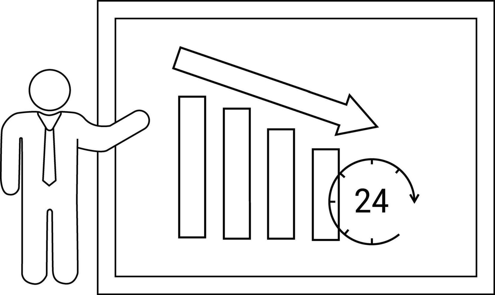 A presenter stands next to a chart showing a downturn and a 24hour clock symbol vector