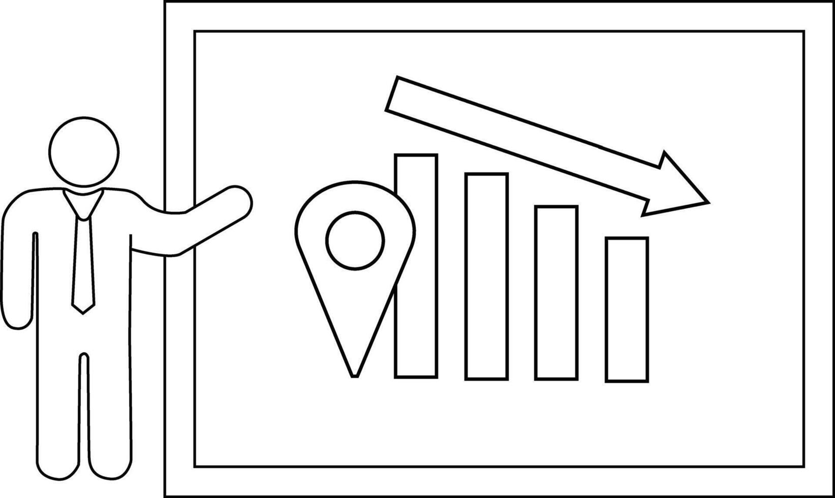 A person presents a declining bar graph with a marker indicating a downward trend on a display board vector