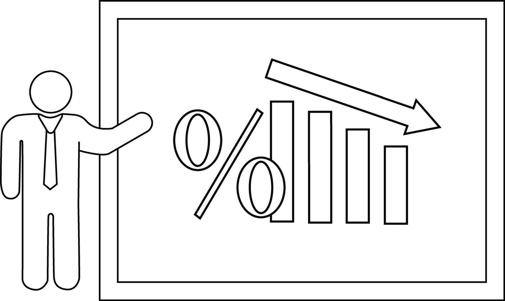 Line drawing person presents graph showing decline with sign and arrow vector