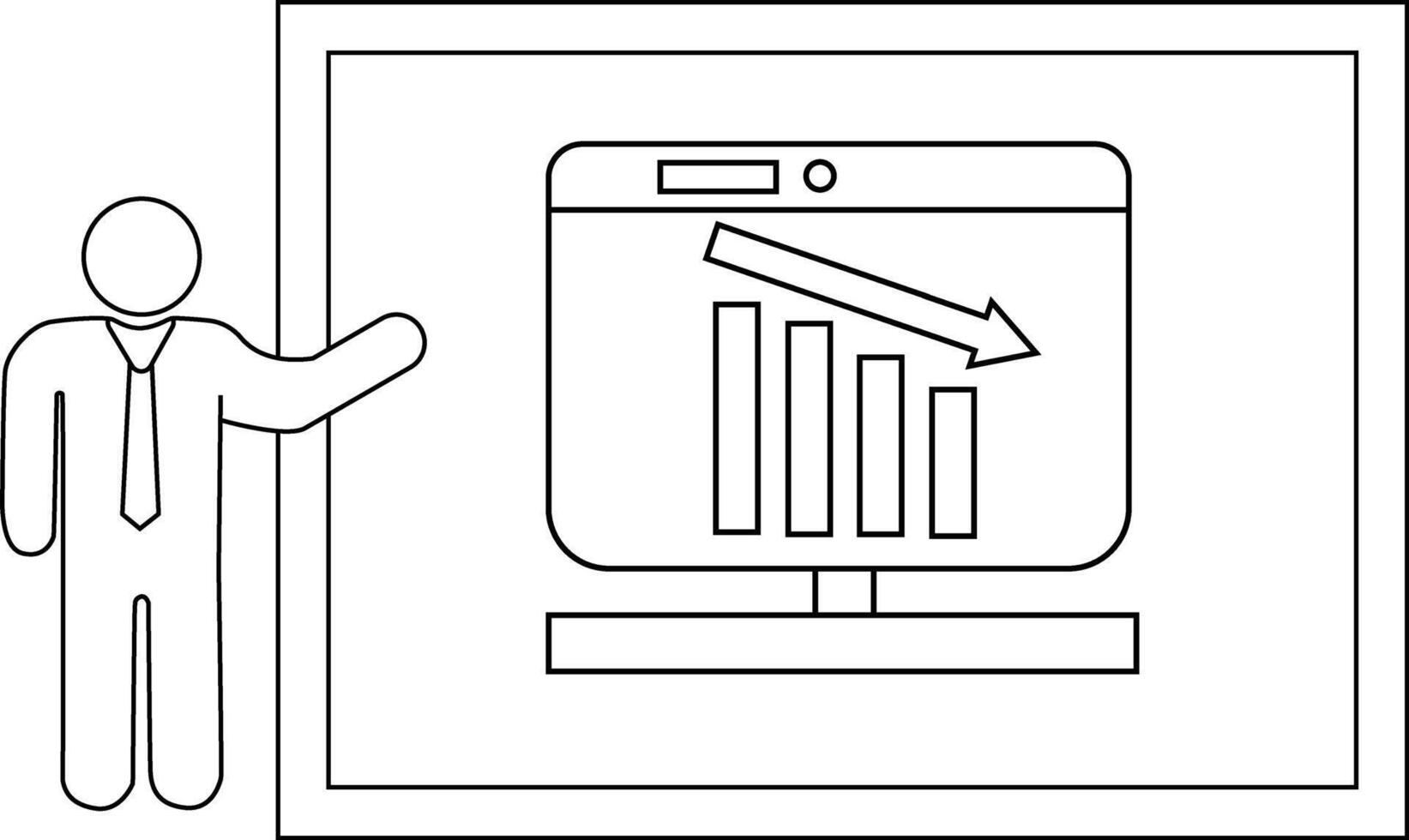 Line drawing depicts a presenter by a screen showing a descending graph in a presentation vector
