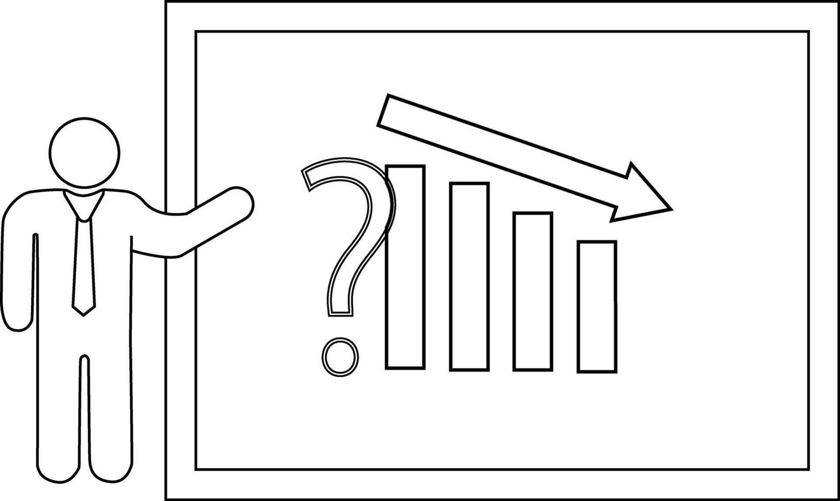 Man presenting declining bar graph with question mark and downward arrow on a whiteboard vector