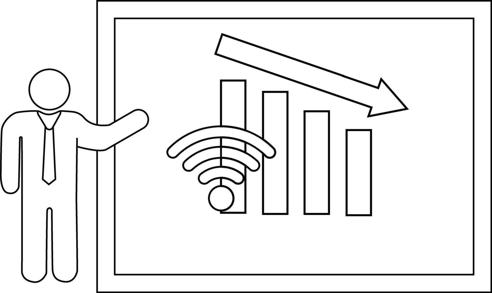 Stick figure presenting a graph showing declining wifi signal strength with a downward pointing arrow contained within a frame vector